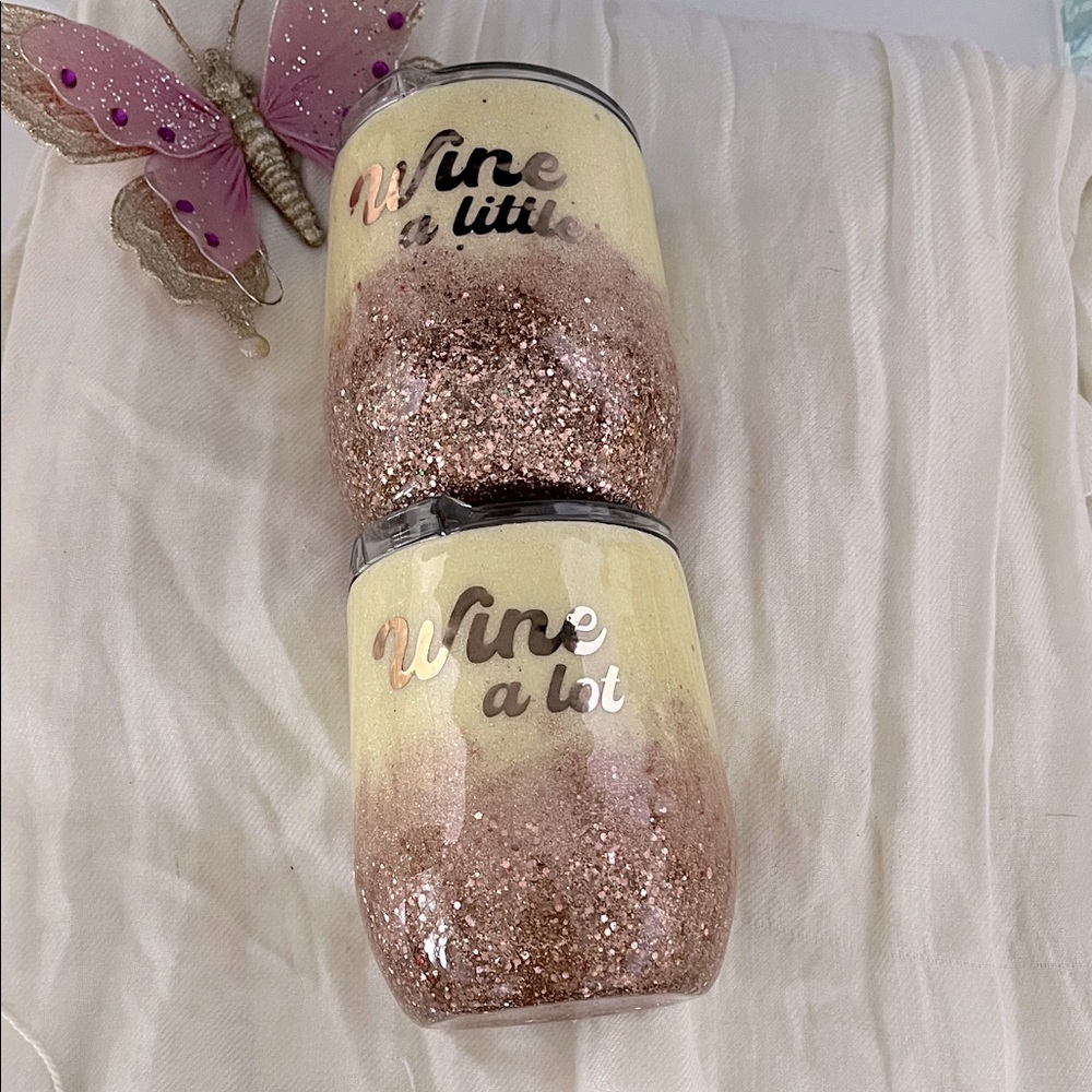 Glittery Wine Tumblers - Cream & Rose Gold “Wine A little” “Wine A lot” 12 OZ